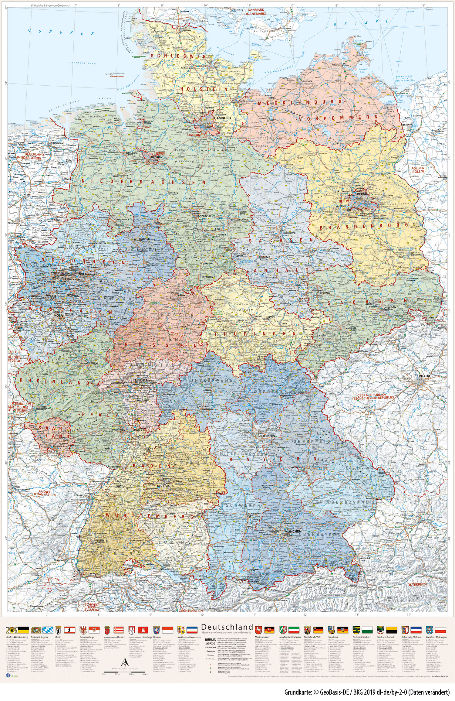 Poster Deutschland-Karte politisch Bundesländer, 80 x 120 cm, mit