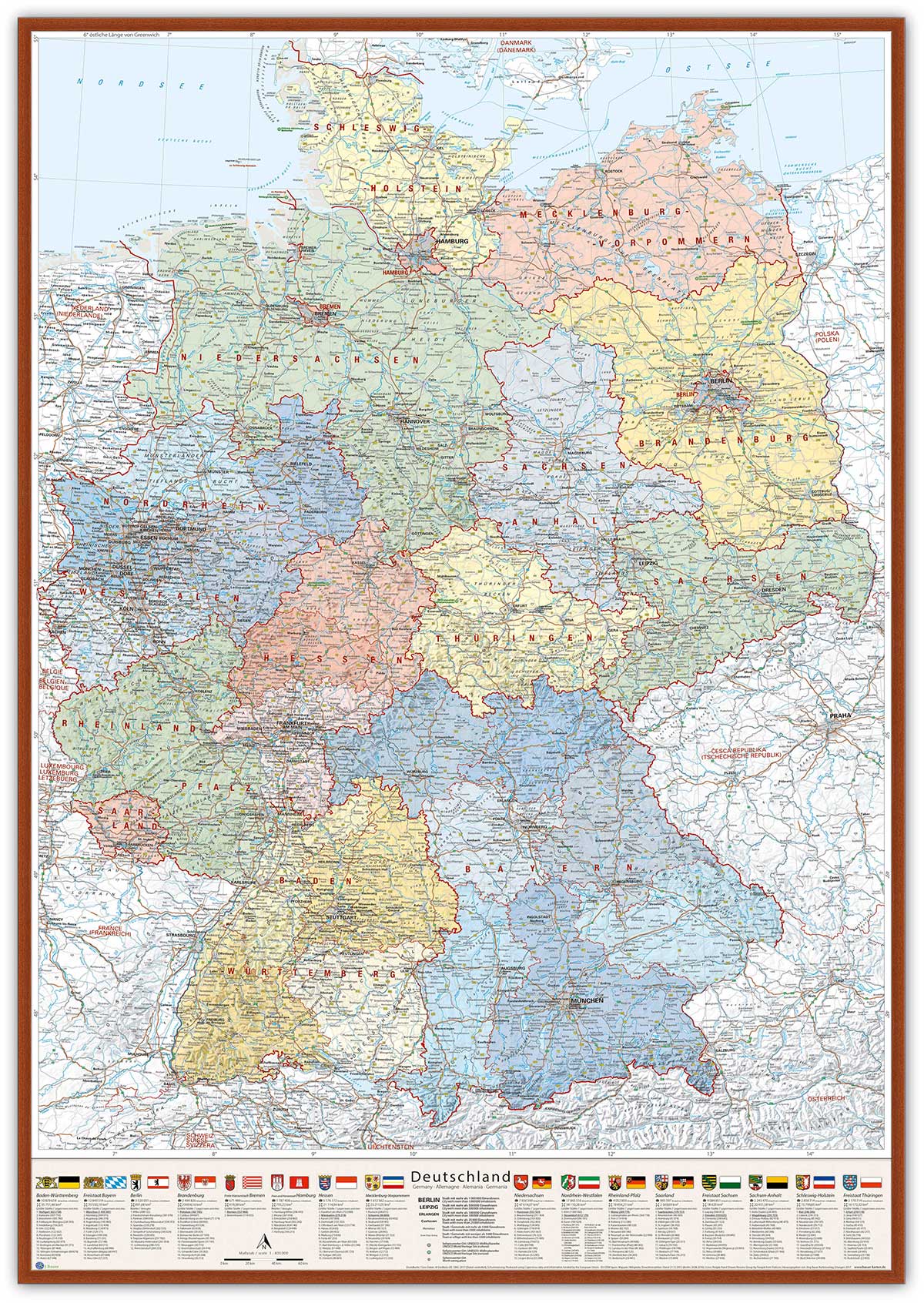 Deutschland-Karte Politisch (Bundesländer), 80 x 120 cm, Pinnwand im Holz-Rahmen (kirsche)